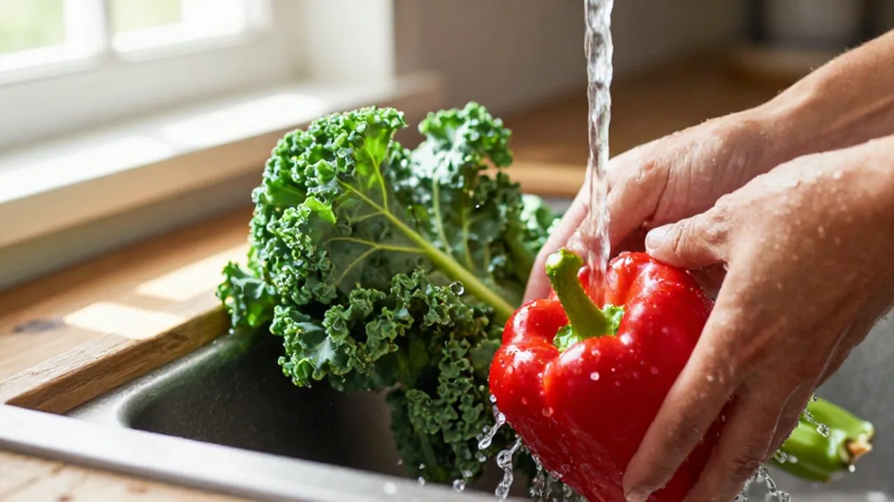 Verduras frescas y pimientos rojos bajo un chorro de agua sobre una encimera de madera.