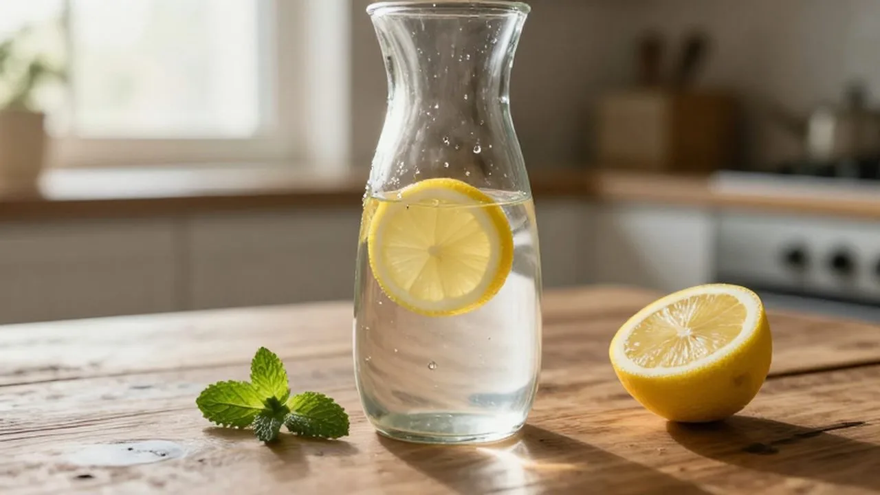 Jarra de agua con rodajas de limón y menta sobre una mesa de madera al sol.