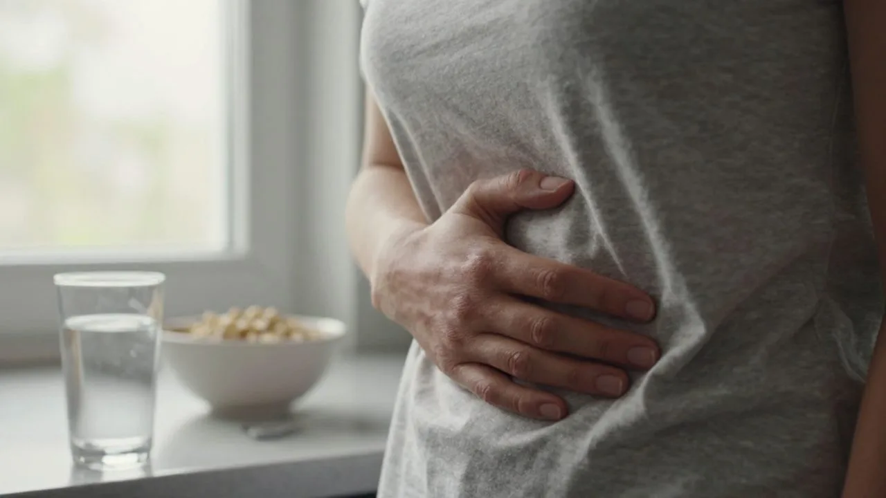 Persona con la mano en el abdomen mostrando malestar en una cocina iluminada por la mañana.