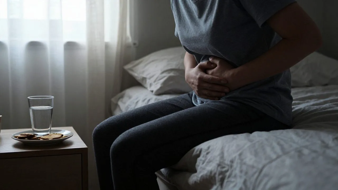 Persona sentada en el borde de la cama con expresión de malestar y un vaso de agua cerca.