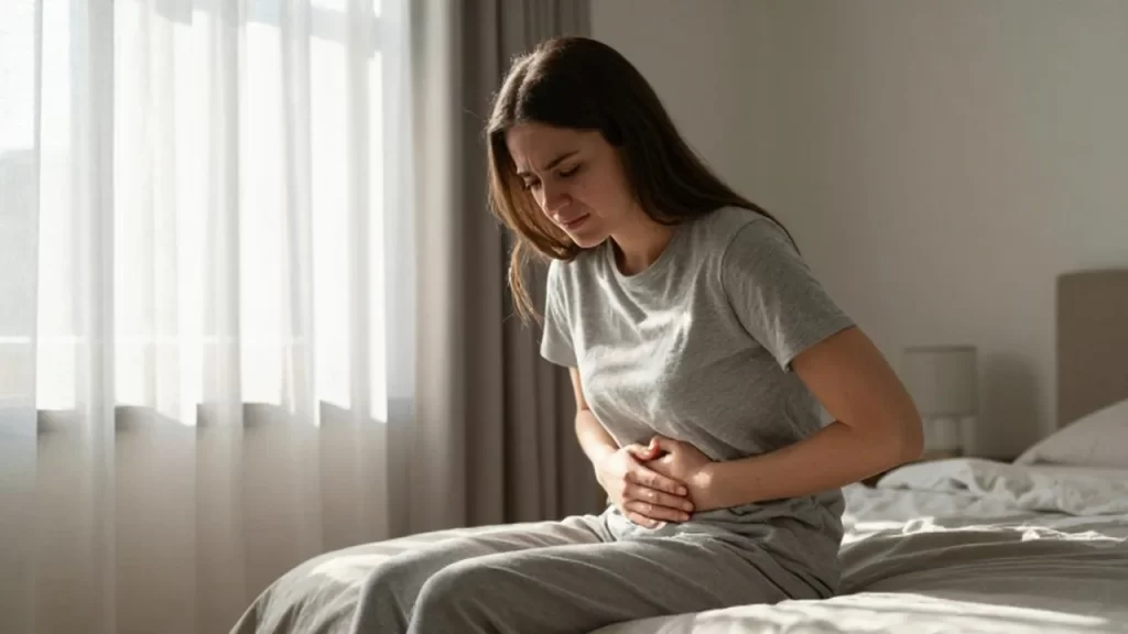 Joven sentada en el borde de la cama con expresión de malestar y la mano en el estómago.