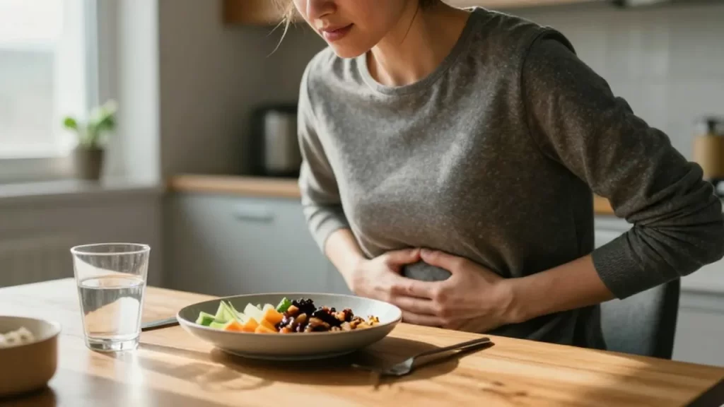 Persona sentada a la mesa de una cocina con expresión de malestar estomacal.