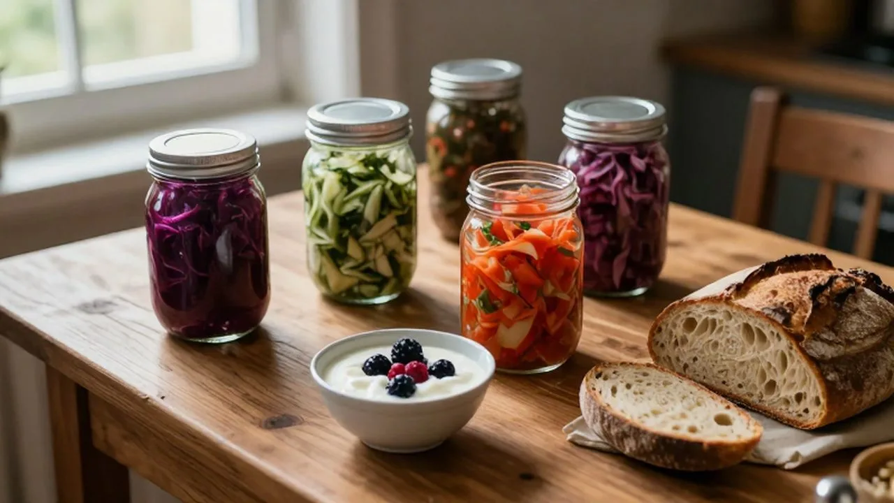 Variedad de alimentos fermentados, como chucrut, kimchi y yogur, sobre una mesa de madera rústica.