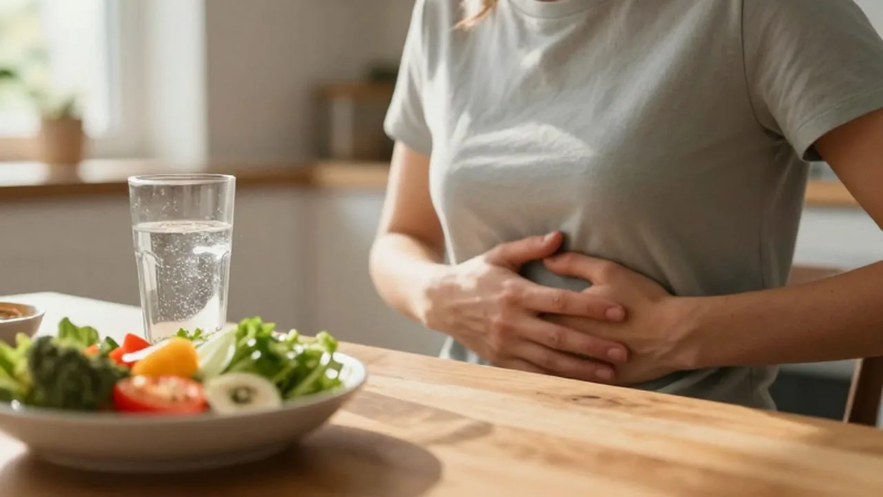 Persona sentada a la mesa de madera con una mano en el abdomen y verduras frescas.