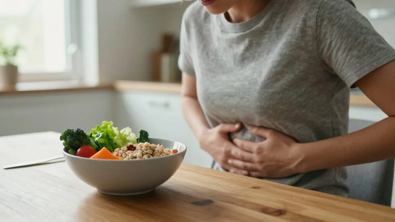 Persona sentada a la mesa con un cuenco de vegetales y tocándose el abdomen con molestia.