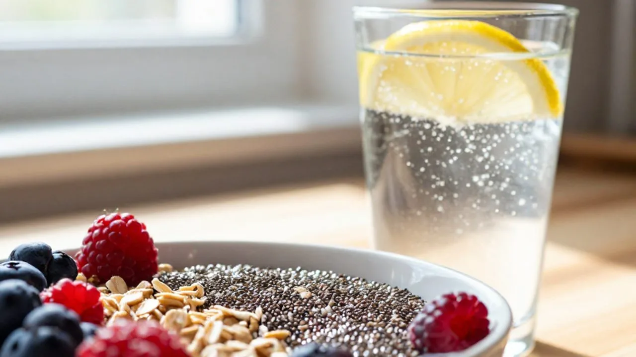 Bol de avena con chía y frutos rojos junto a un vaso de agua con limón.