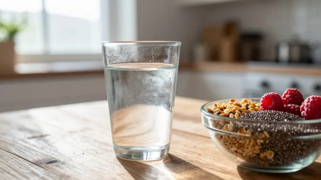 Vaso de agua fría y un cuenco con cereales