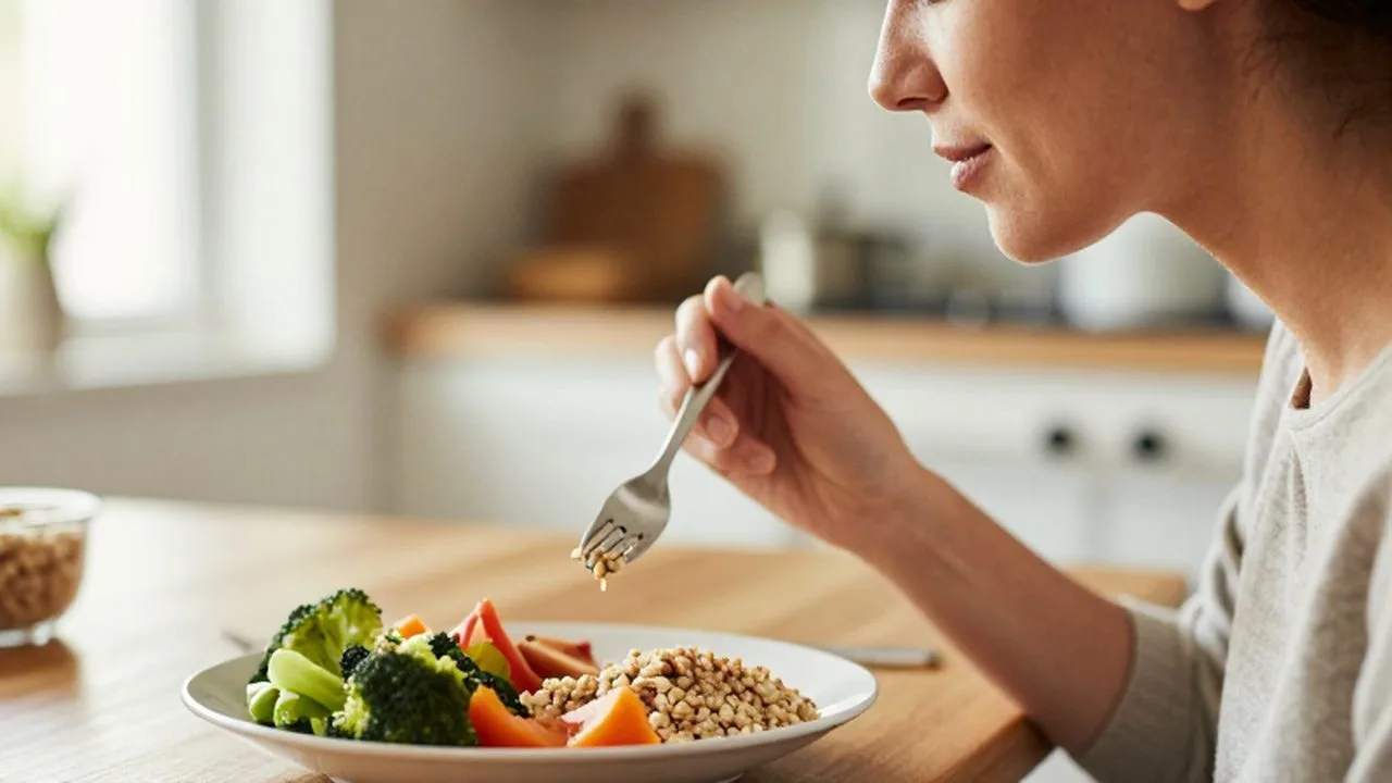 Persona disfrutando con calma un plato de vegetales y granos en un comedor iluminado.