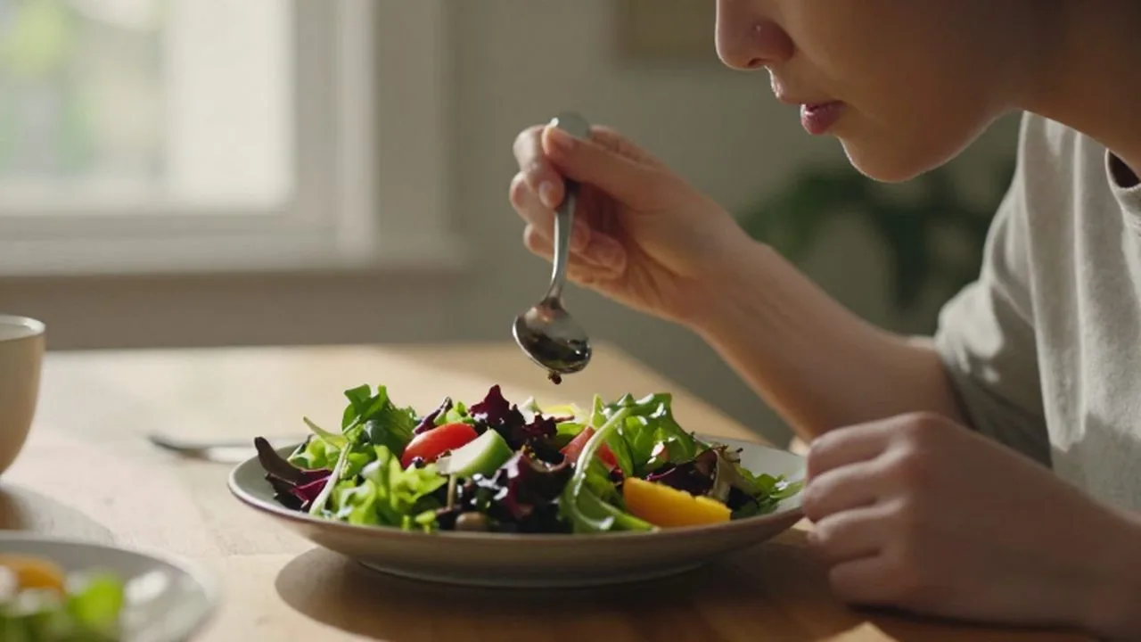 Persona disfrutando de una ensalada colorida con vegetales frescos en una mesa de madera.