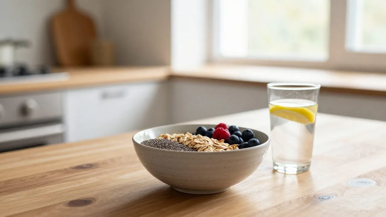 Bol de avena con bayas y semillas sobre una mesa de madera bañada por luz natural.