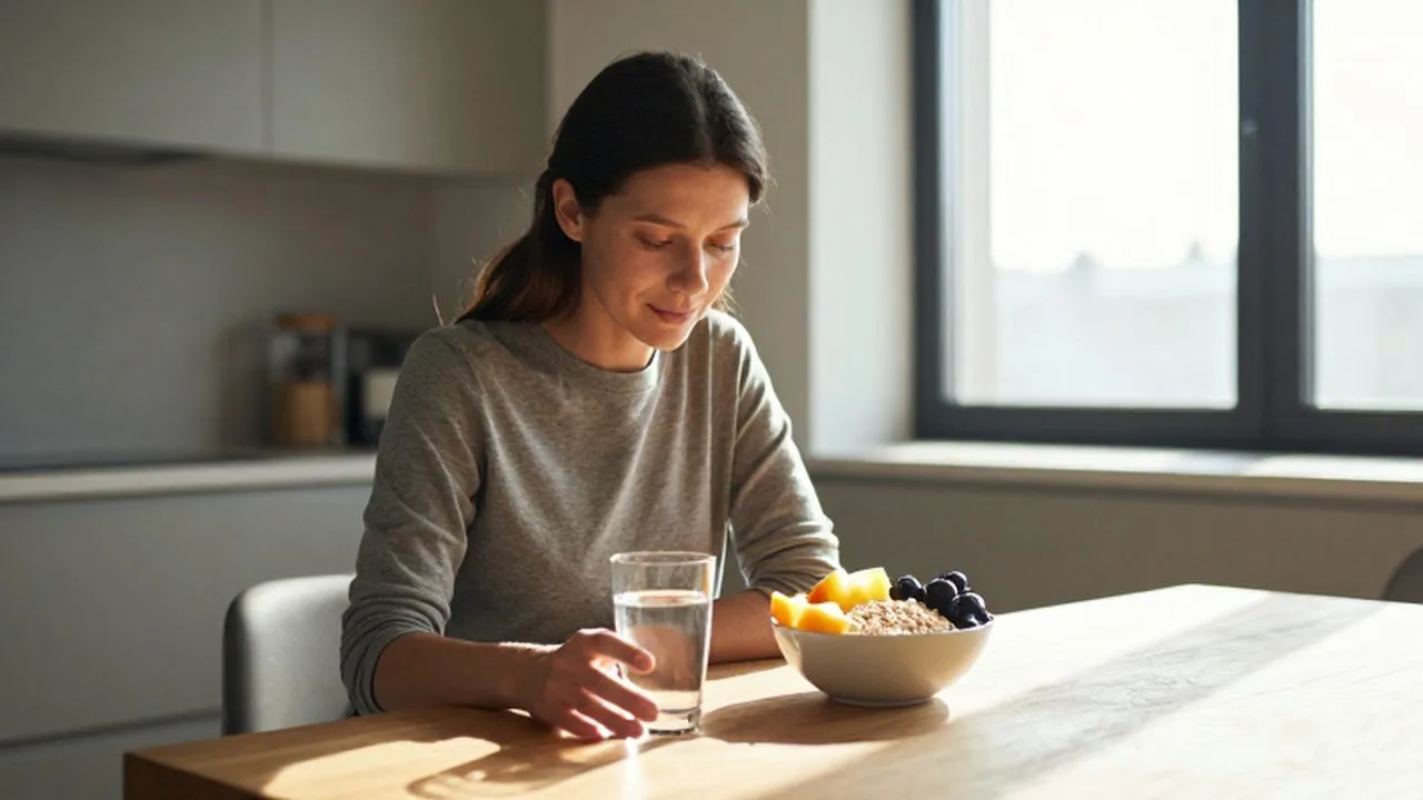 Mujer sentada frente a un desayuno saludable de frutas y avena en una cocina iluminada por el sol.