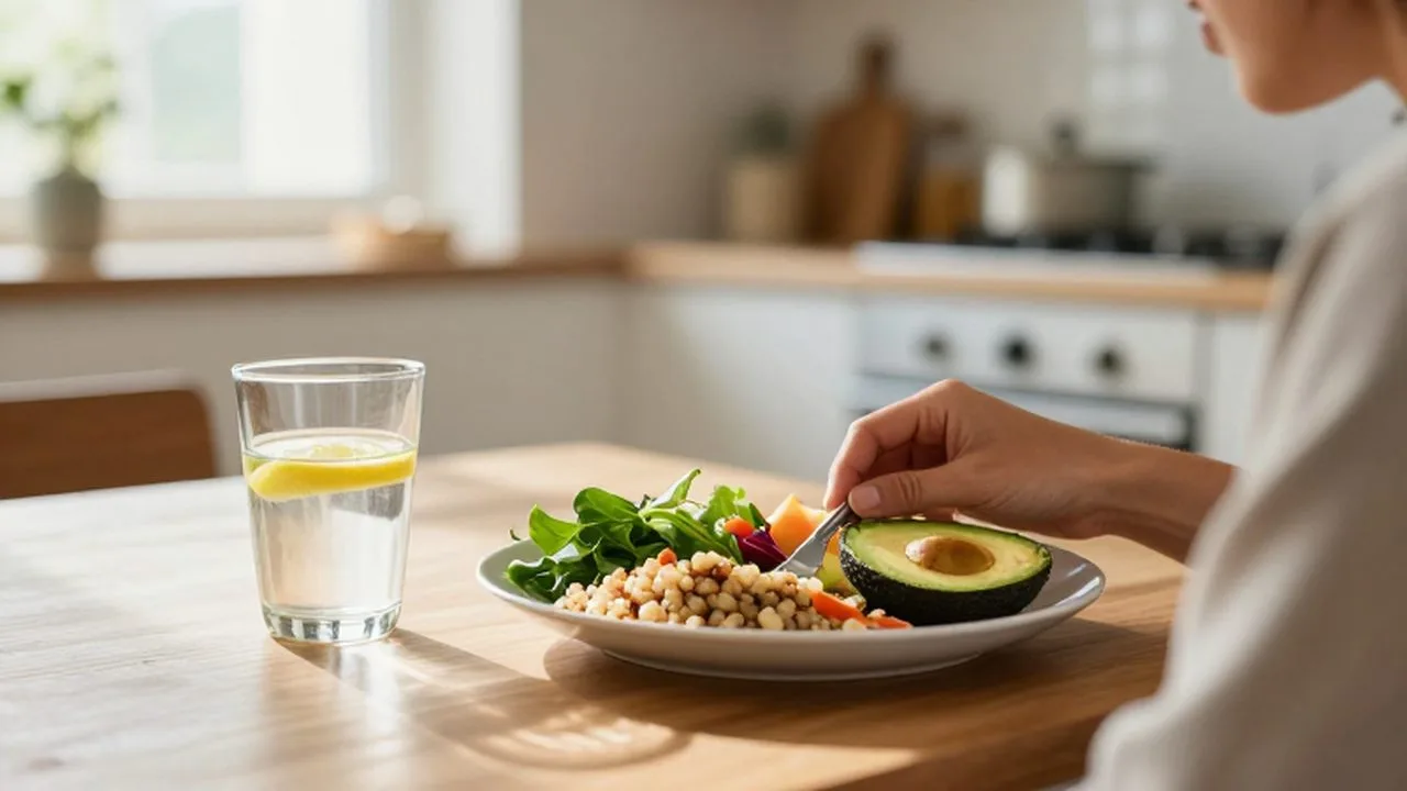 Persona desayunando una comida mediterránea saludable con aguacate y vegetales ante la luz del sol.
