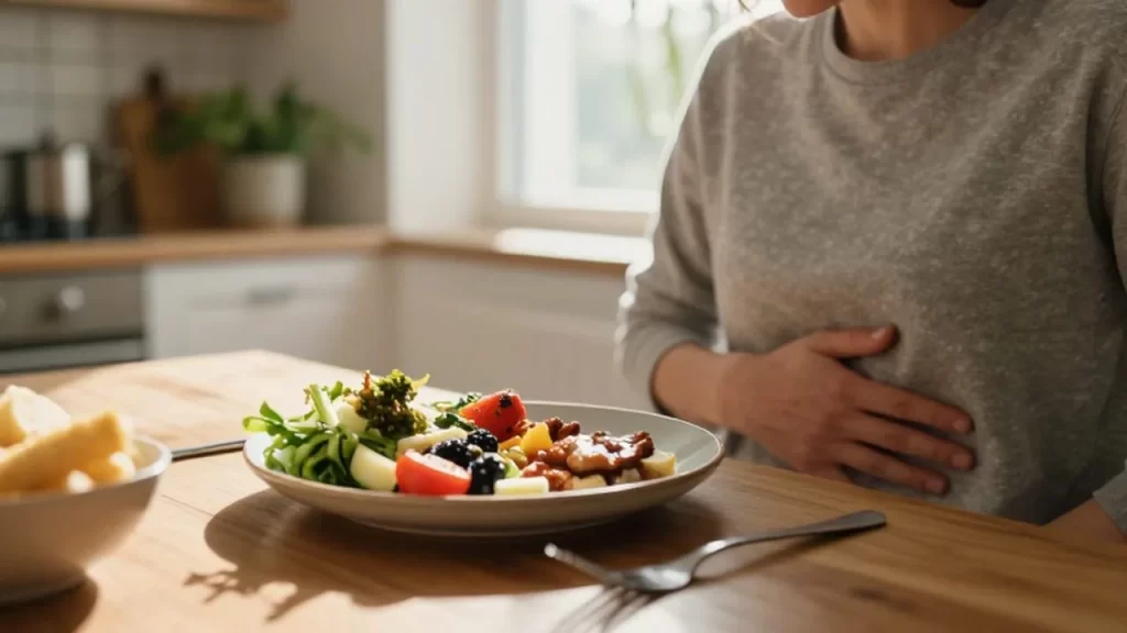 Persona sentada a la mesa con una mano en el estómago tras comer un plato mediterráneo.