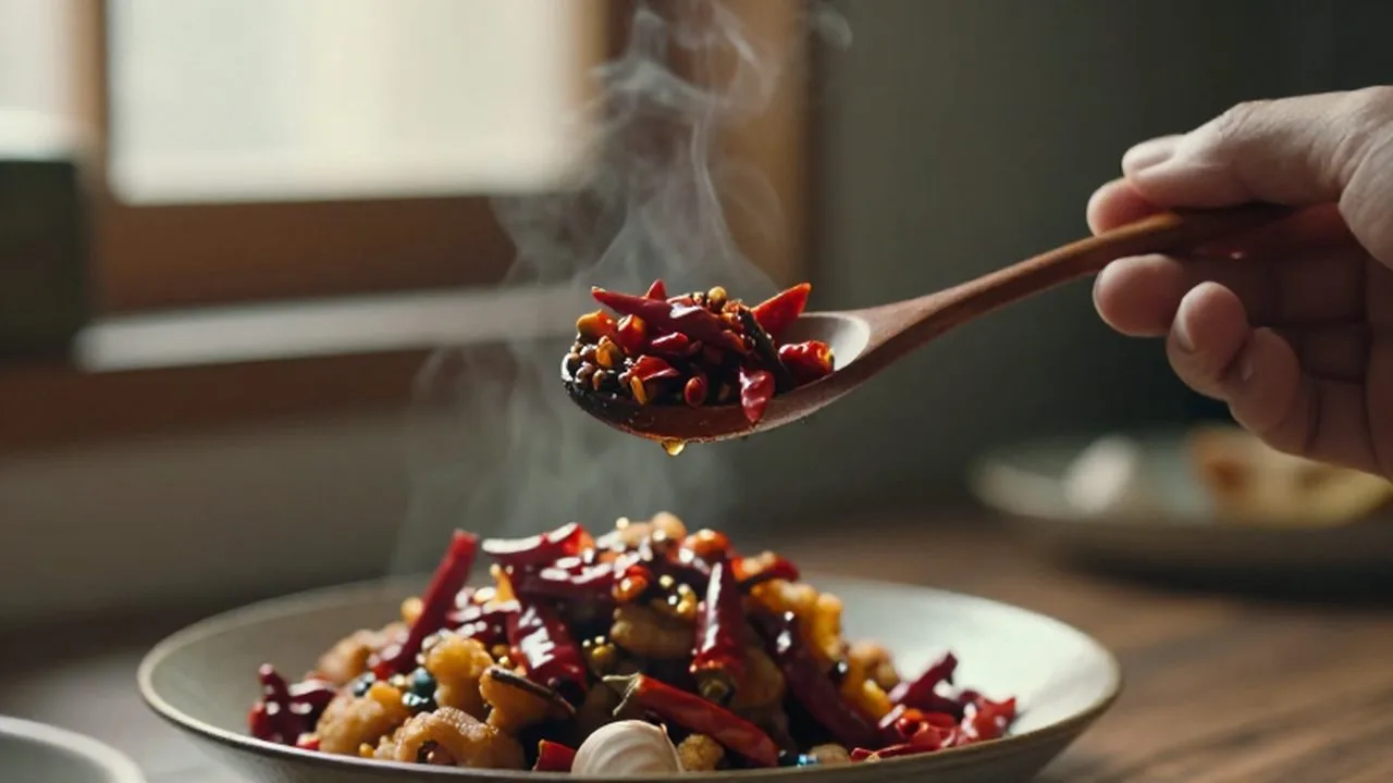 Una mano sostiene una cuchara de madera con chiles rojos y ajo frente a comida frita.