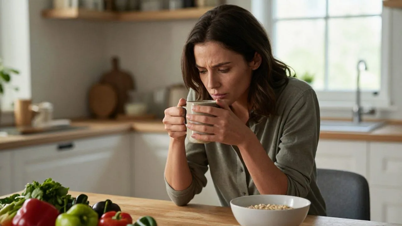 Mujer pensativa sentada a la mesa con una taza caliente y un desayuno saludable.