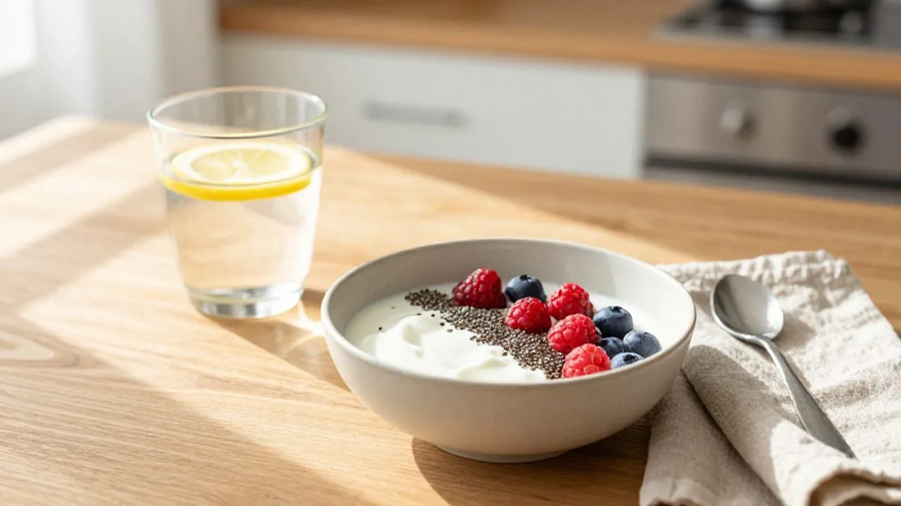 Bol de yogur con bayas y semillas junto a un vaso de agua con limón sobre una mesa de madera.