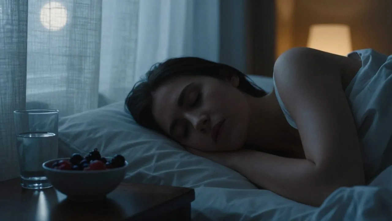 Persona durmiendo inquietamente en una habitación en penumbra junto a una mesita con agua y frutas.