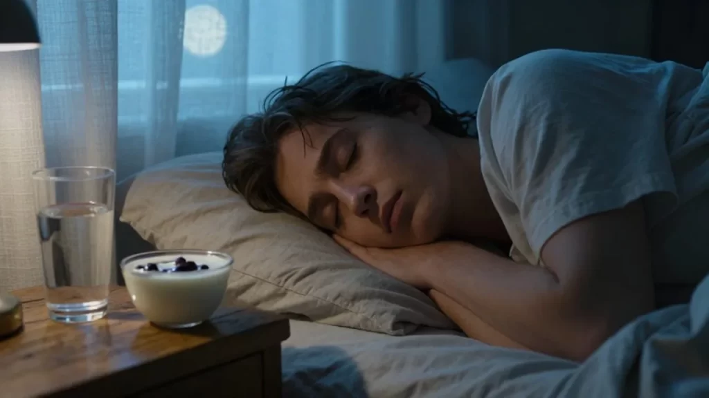 Persona durmiendo plácidamente en una habitación acogedora con un vaso de agua y yogur junto a su cama.