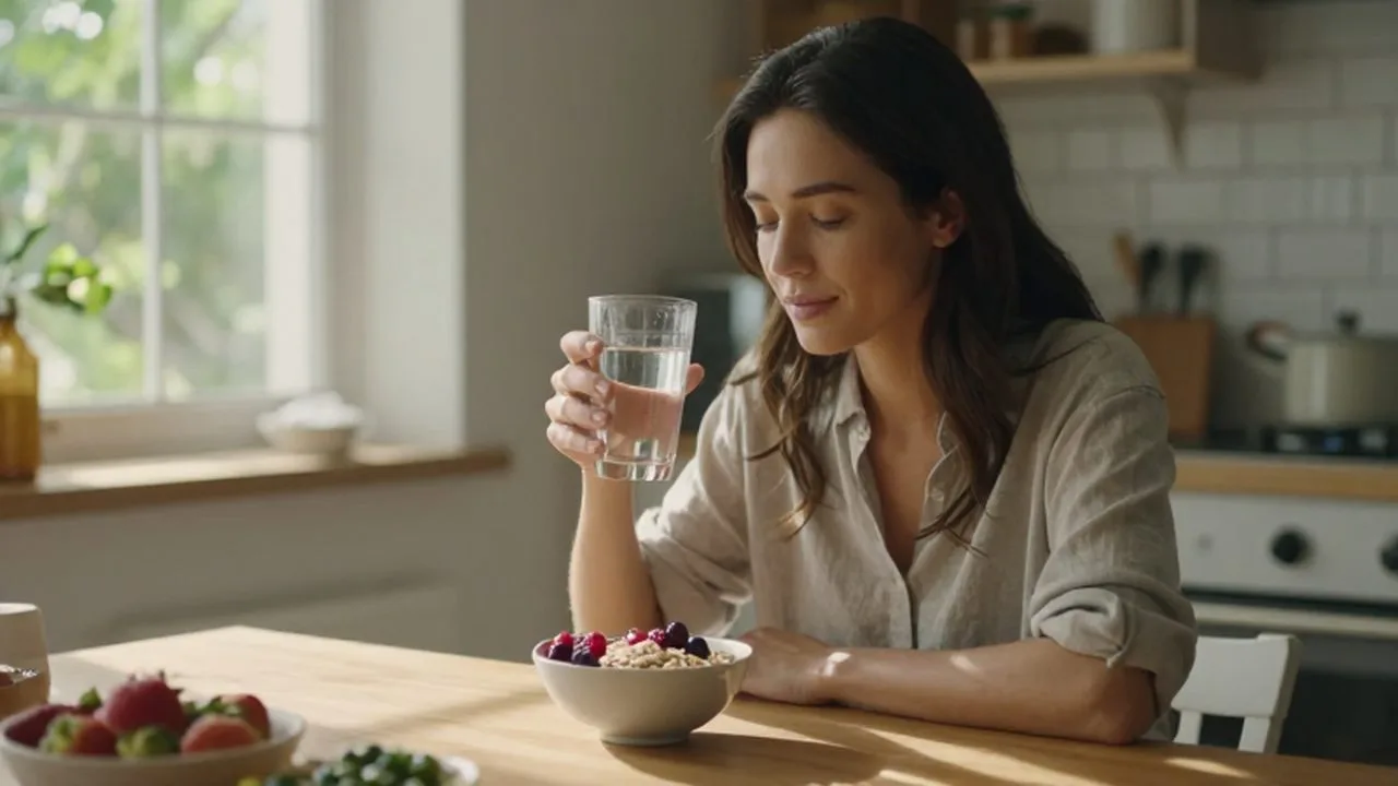 Mujer tranquila desayunando avena con bayas y un vaso de agua en una cocina soleada.