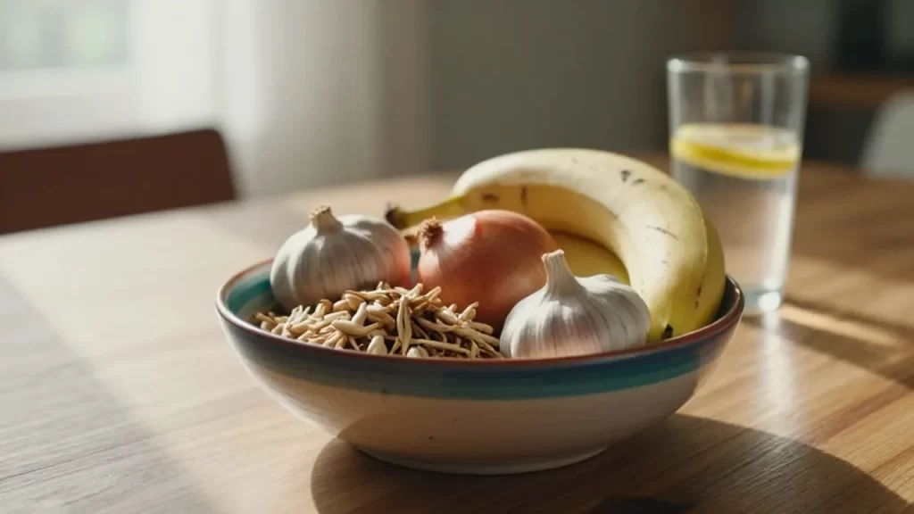 Cuenco de cerámica con alimentos ricos en fibra sobre una mesa de madera iluminada por el sol.