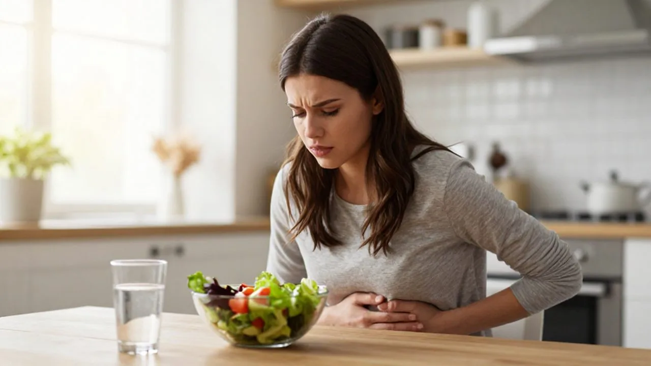 Mujer sentada ante una ensalada en la cocina con expresión de malestar abdominal.