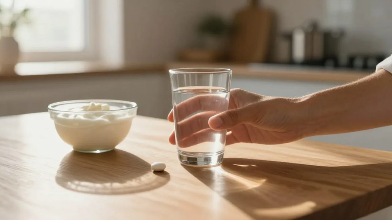Mano alcanzando un suplemento probiótico y un vaso de agua sobre una mesa de madera.