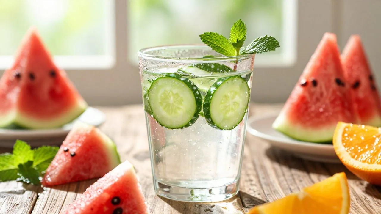 Vaso de agua con pepino y menta junto a trozos de sandía y cítricos sobre madera.