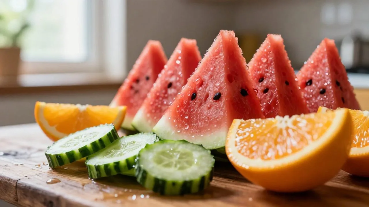Rodajas de sandía, pepino y cítricos frescos con gotas de agua sobre una mesa de madera.