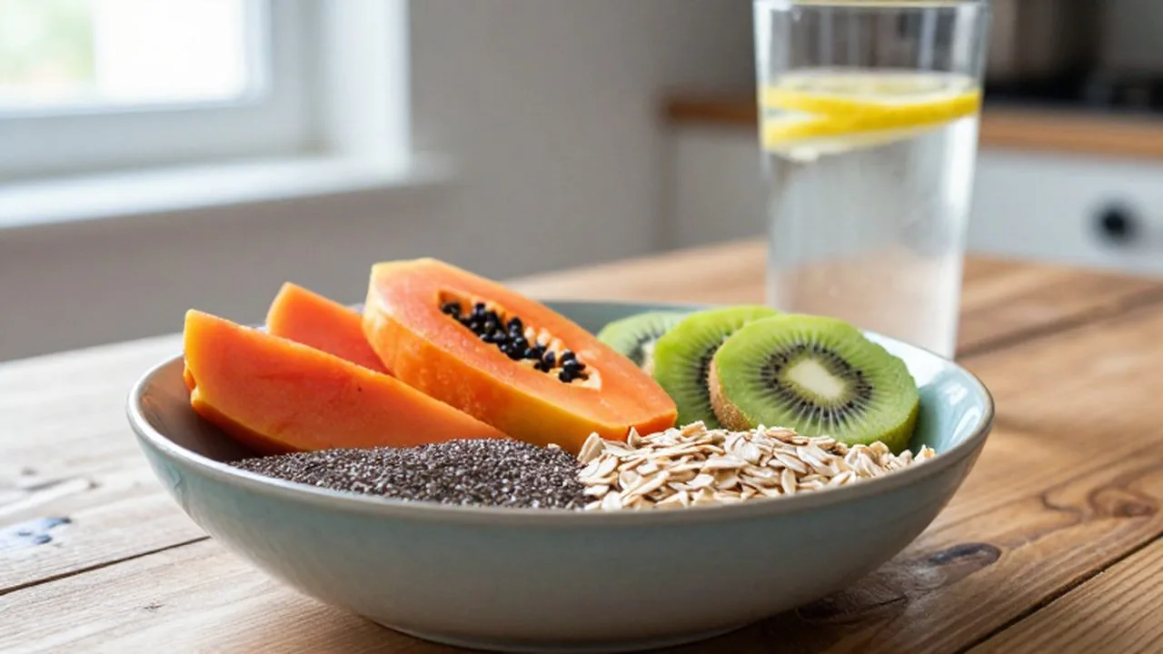 Cuenco de cerámica con papaya, kiwi, avena y chía sobre una mesa de madera.