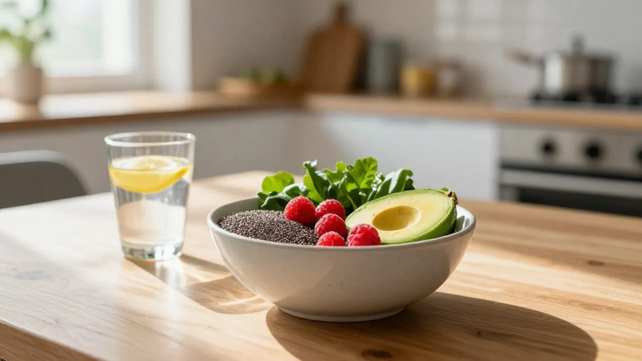 Bol de cerámica con chia, frambuesas, aguacate y vegetales sobre una mesa de madera iluminada por el sol.