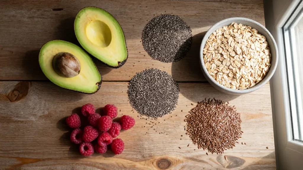 Variedad de alimentos ricos en fibra como aguacate