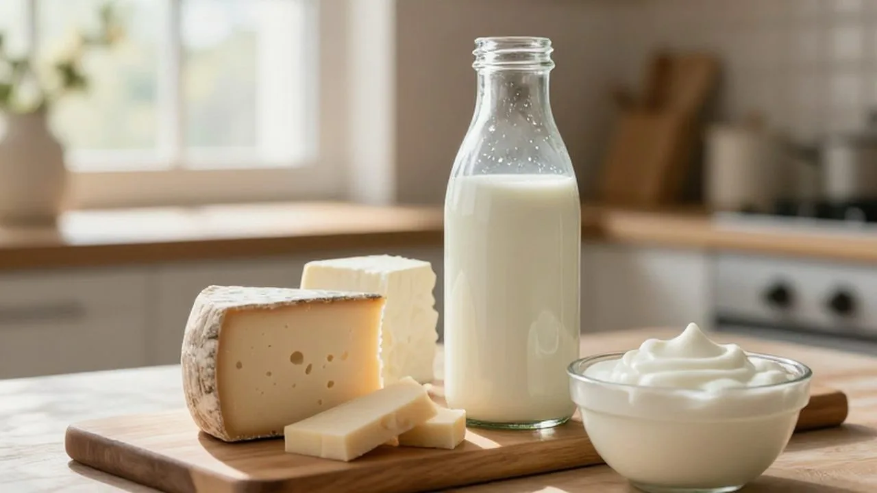 Variedad de productos lácteos frescos con una botella de leche, quesos artesanales y yogur.