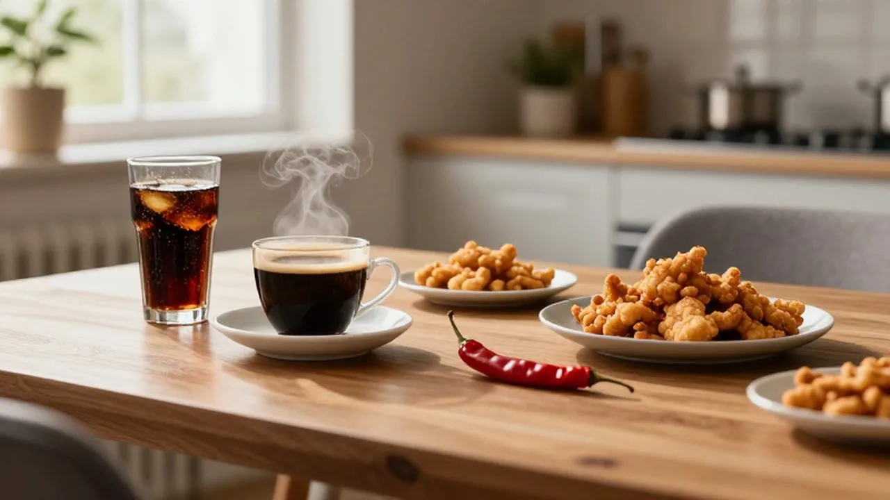 Varios alimentos irritantes como chiles, frituras, café y refrescos sobre una mesa de madera.