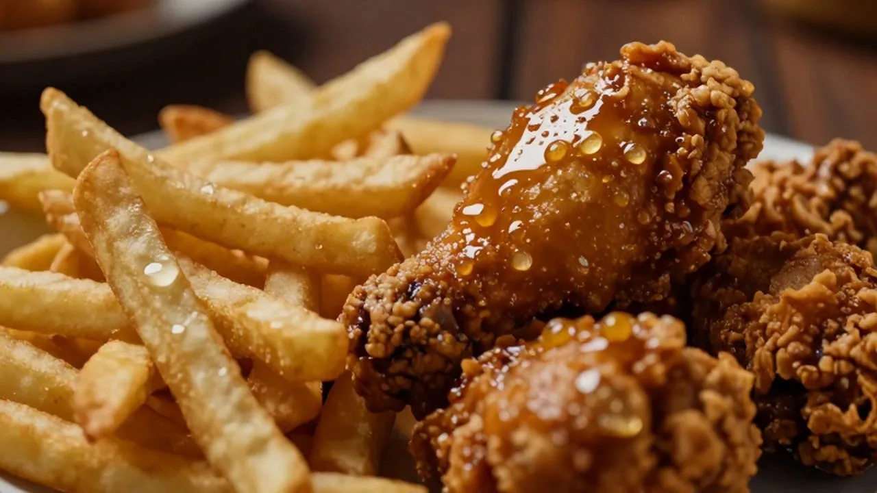 Primer plano de trozos de pollo y patatas fritas crujientes con restos de aceite sobre madera oscura.