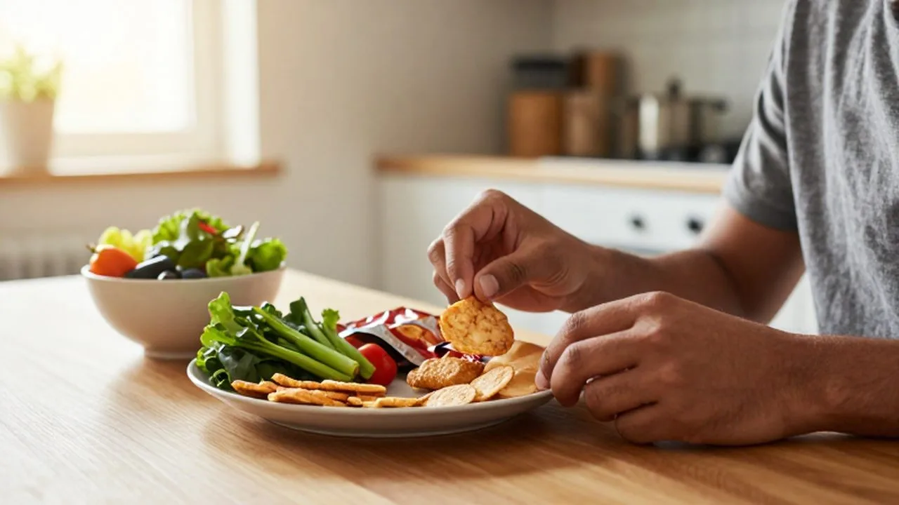 Persona dudando entre elegir un snack procesado o una ensalada de vegetales frescos.