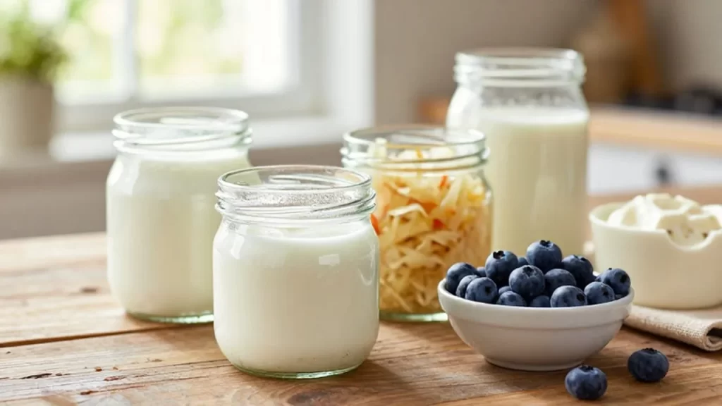 Frascos de yogur casero y chucrut junto a cuencos de arándanos sobre una mesa de madera.