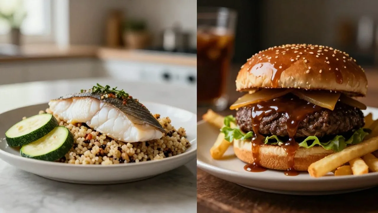 Comparación entre una comida ligera de pescado y verduras frente a una hamburguesa con patatas fritas.