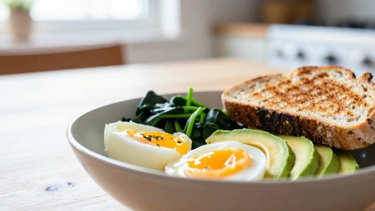 Bol de desayuno mediterráneo con huevos pasados por agua, aguacate, espinacas y pan tostado.