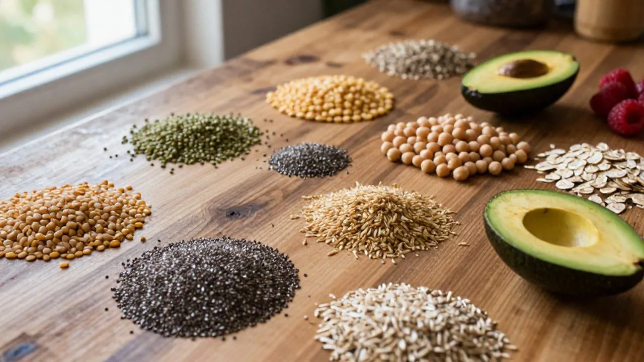 Variedad de alimentos ricos en fibra como legumbres, semillas y frutas sobre una mesa de madera.
