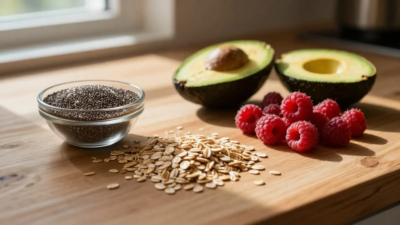 Variedad de alimentos integrales como aguacate, frambuesas y semillas sobre una mesa de madera.