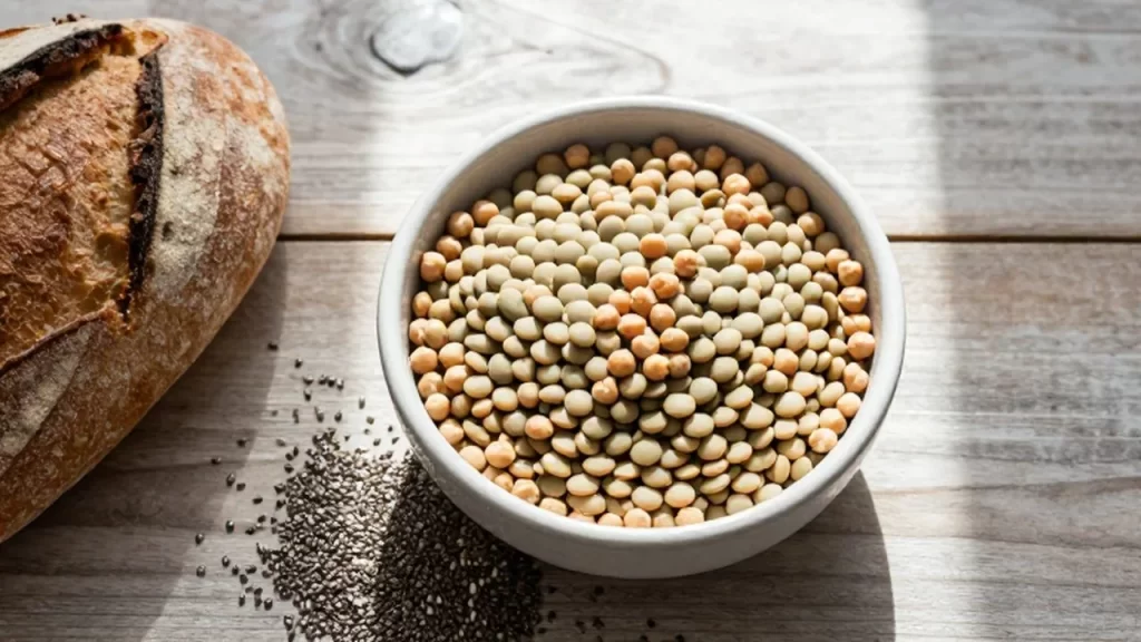 Cuenco de cerámica con lentejas y garbanzos junto a pan de masa madre y semillas.