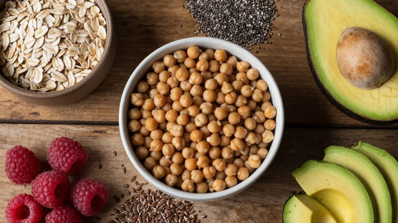 Variedad de alimentos ricos en fibra como lentejas, garbanzos, semillas, avena, aguacate y frambuesas sobre una mesa de madera.