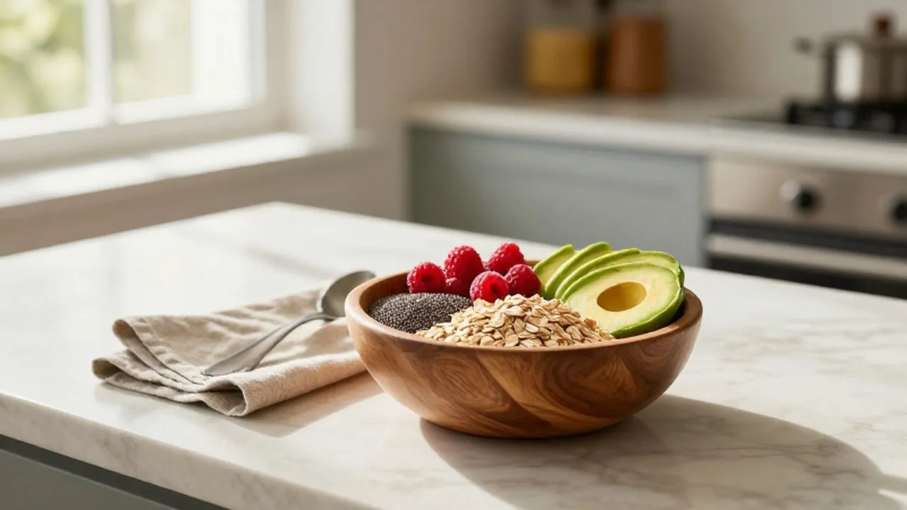 Cuenco de madera con avena, semillas de chía, frambuesas y aguacate sobre una encimera iluminada por el sol.