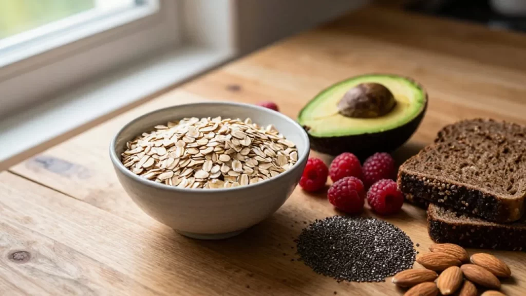 Variedad de alimentos ricos en fibra como avena