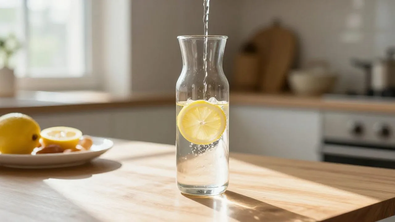 Una jarra de agua con rodajas de limón llenando un vaso sobre una mesa de madera.