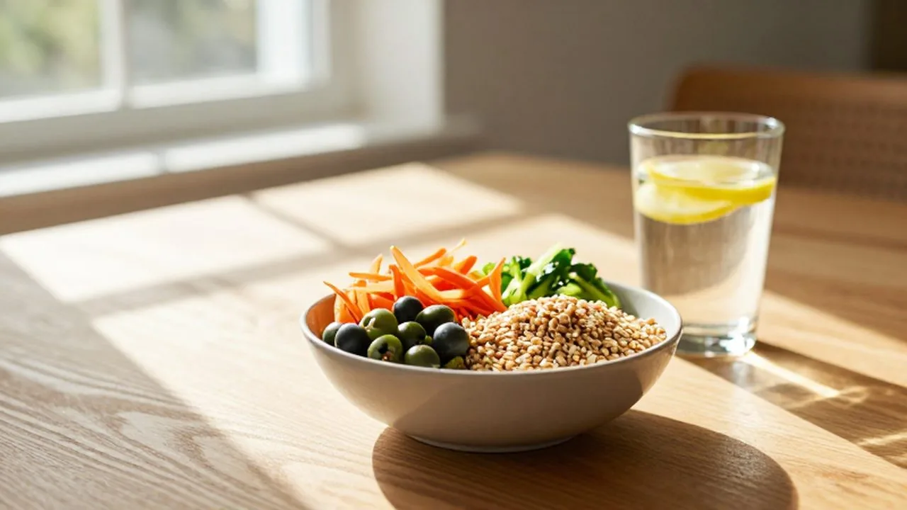 Cuenco de vegetales coloridos y granos enteros junto a un vaso de agua con limón sobre una mesa de madera.