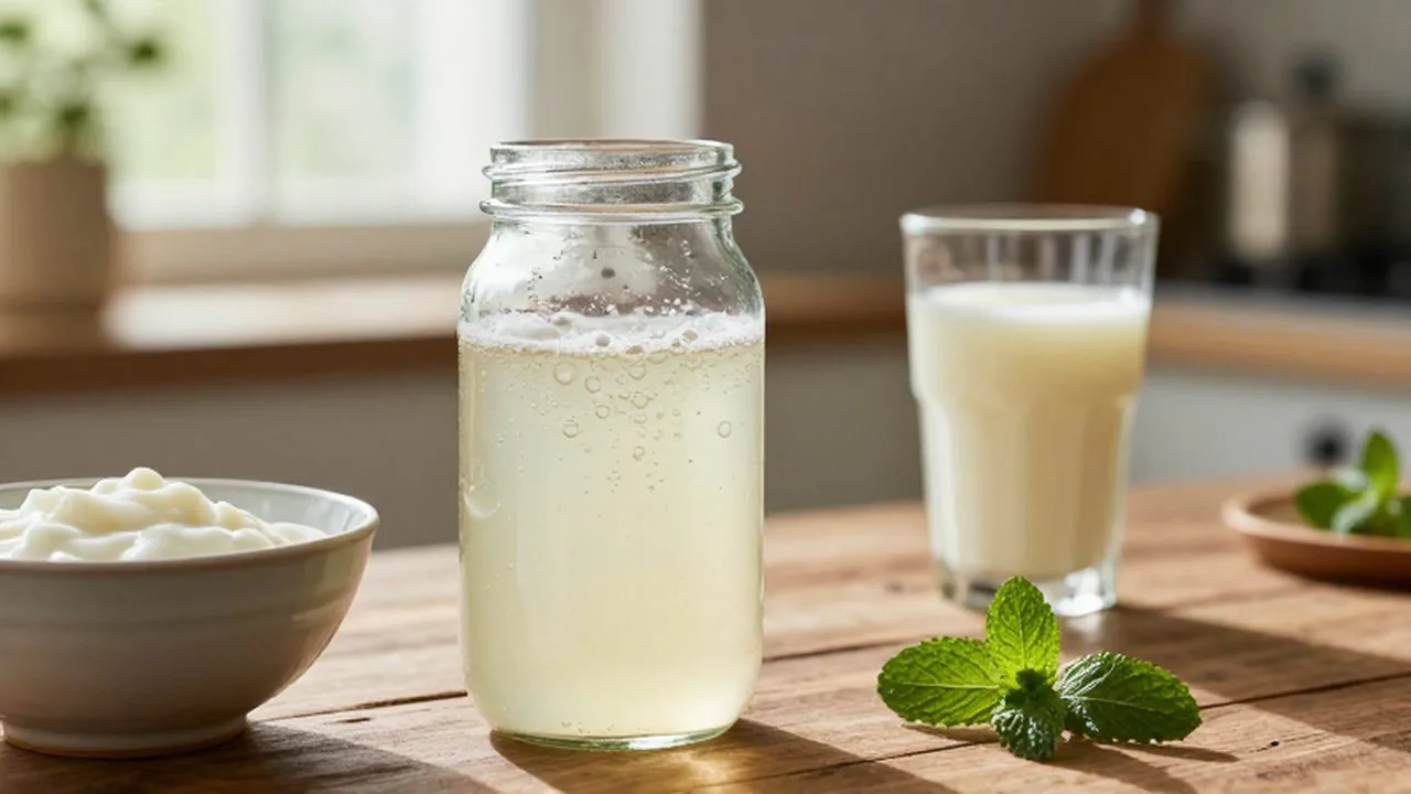 Frasco de kombucha burbujeante junto a un cuenco y un vaso de kefir con menta sobre una mesa de madera.