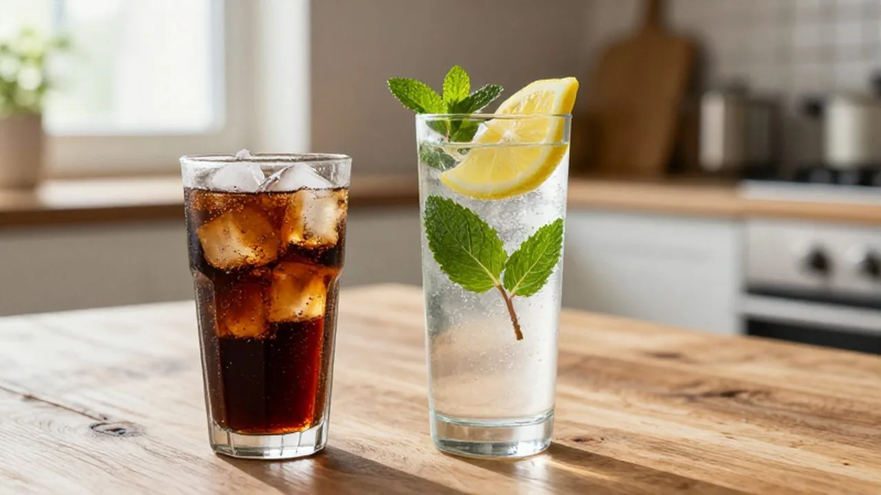 Dos vasos con bebidas refrescantes, uno con soda oscura y otro con agua, limón y menta.