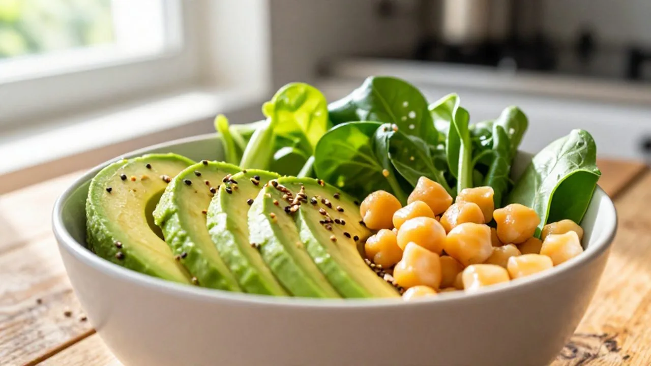 Bol mediterráneo con aguacate, garbanzos y vegetales frescos sobre una mesa de madera.