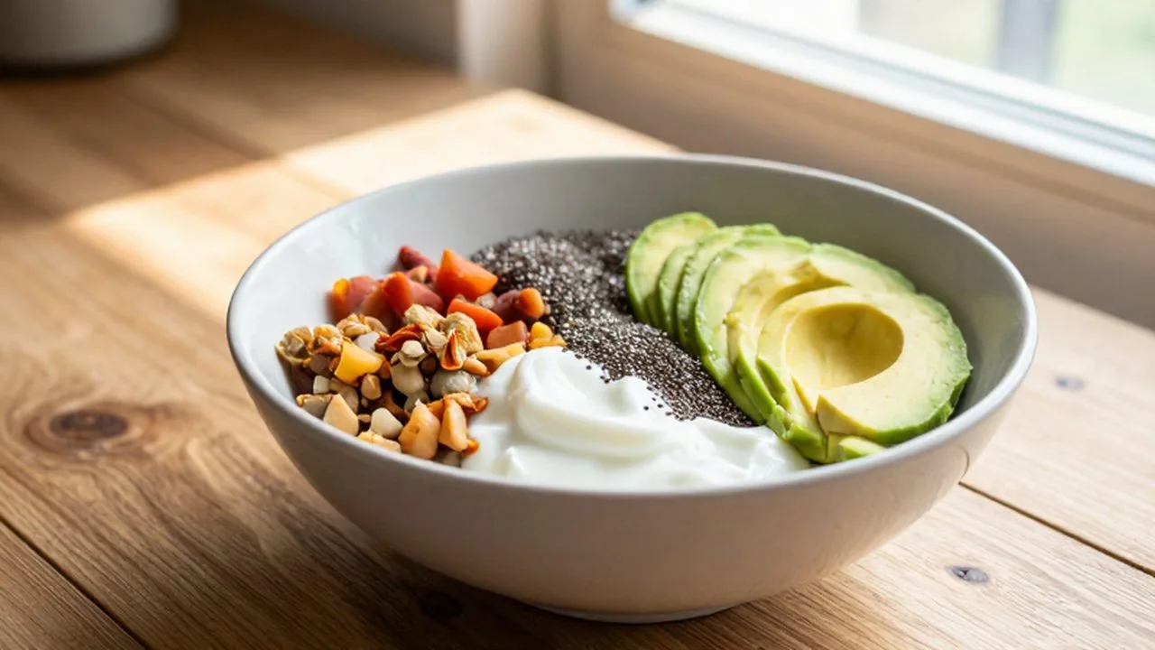 Bol de desayuno saludable con yogur, aguacate, semillas de chía y alimentos fermentados sobre madera.